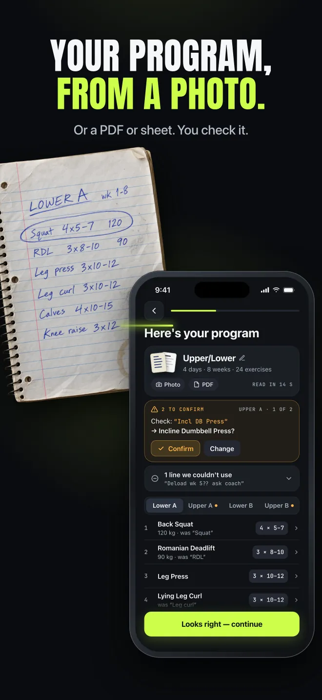 Import review screen: a handwritten Upper/Lower program read from a photo, with two lines flagged to confirm