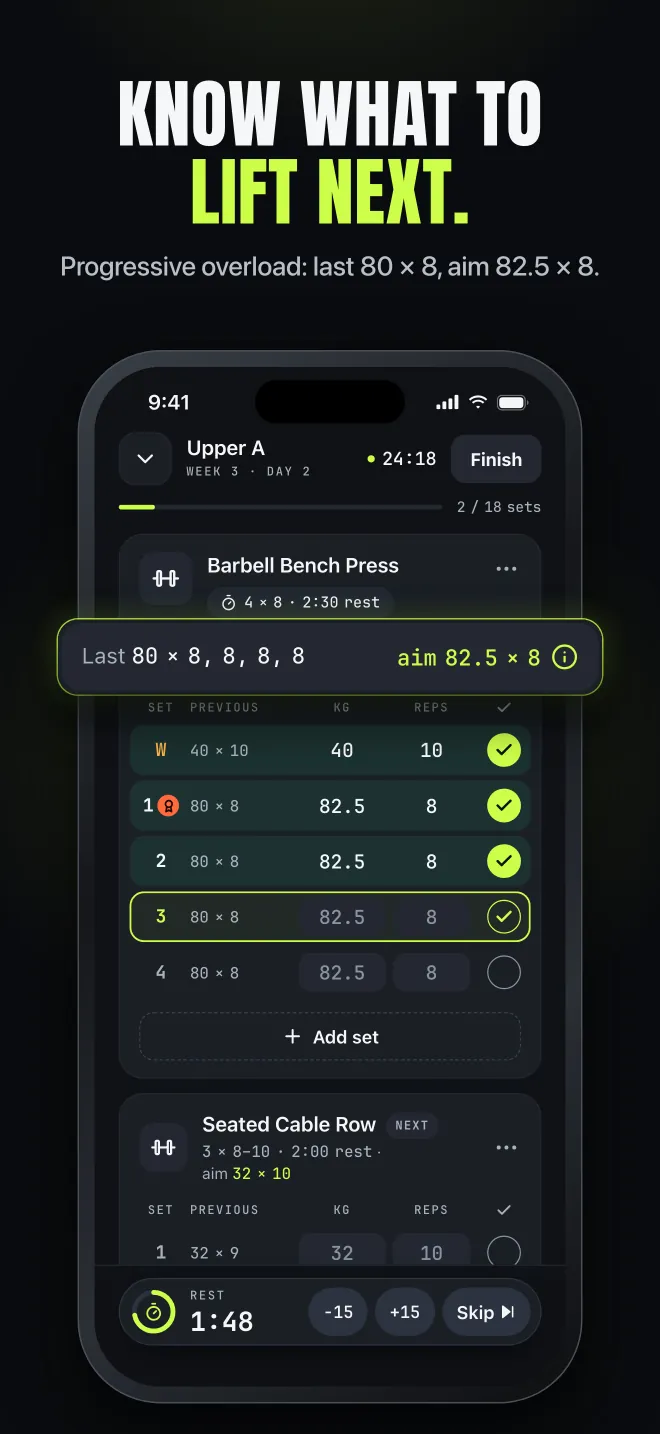 Workout logger showing last time 80 × 8 and today's aim 82.5 × 8 on each set
