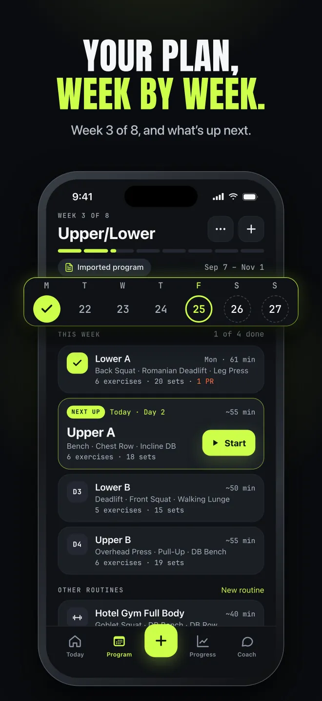 Program tab showing week 3 of 8 of an imported Upper/Lower block