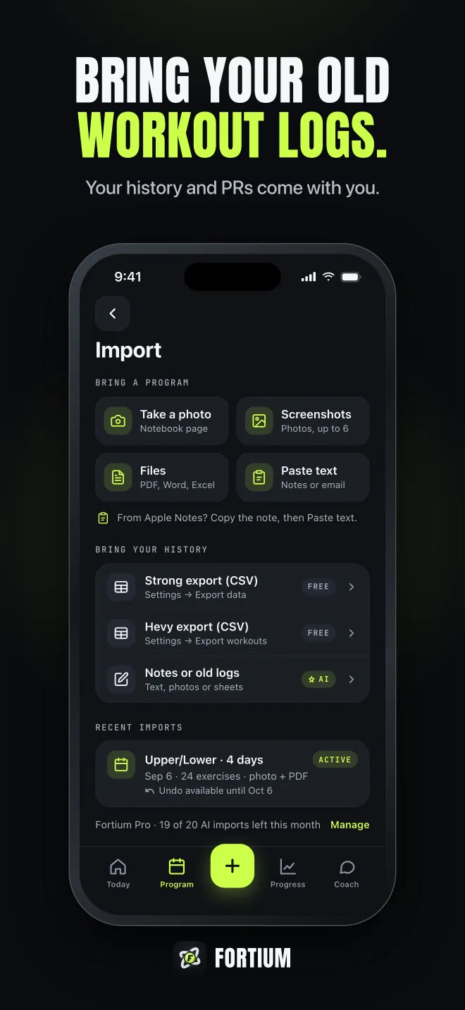 Import screen for bringing workout history from Strong or Hevy CSV exports